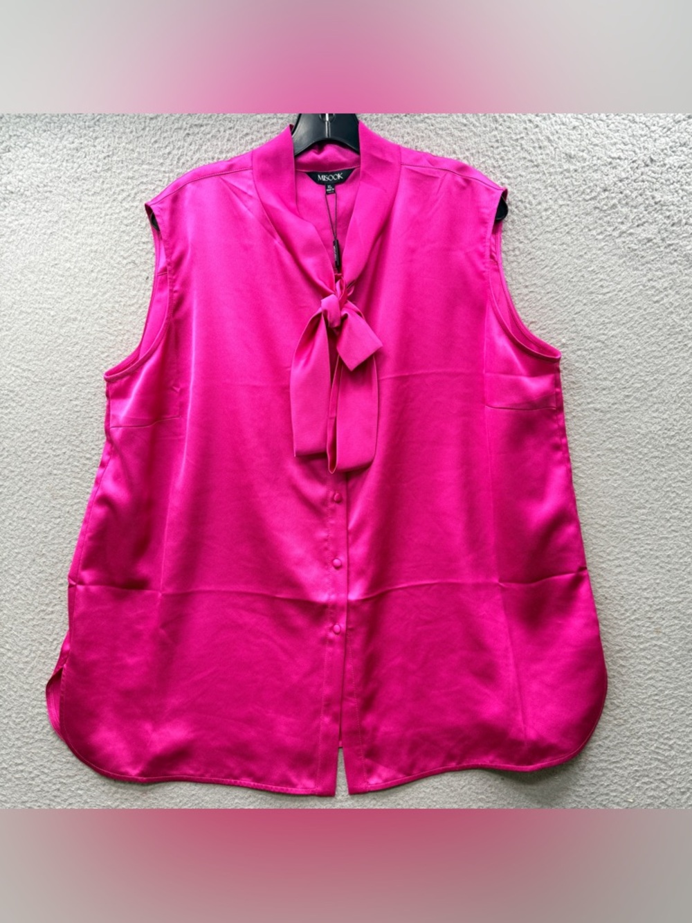 NWT Misook Satin Sleeveless Button Up Top Pink Tie Neck Blouse Women’s Size XL